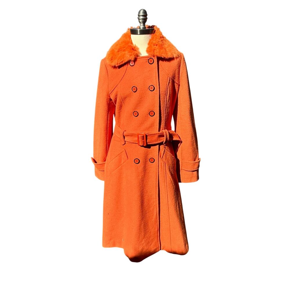 Orange Wool Rabbit Fur Trim Trench Coat Double Breasted Womens Size M